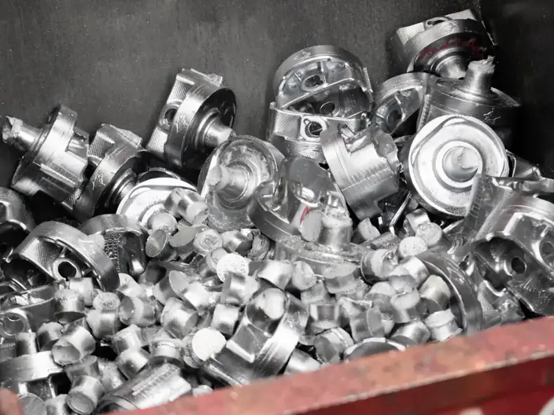 Bin of solid metal scrap pieces and slugs