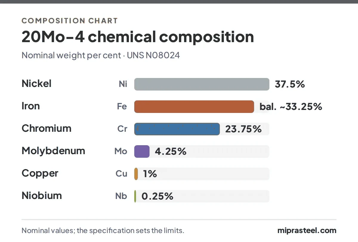 20Mo-4 scrap composition chart: nickel 37.5%, iron 33.25%, chromium 23.75%, molybdenum 4.25%, copper 1%, niobium 0.25% (nominal weight per cent)