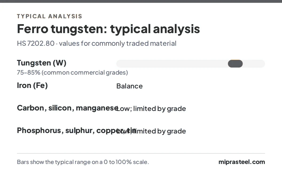 Ferro tungsten scrap typical analysis chart: Tungsten (W) 75–85% (common commercial grades); Iron (Fe) Balance; Carbon, silicon, manganese Low; limited by grade; Phosphorus, sulfur, copper, tin Low; limited by grade