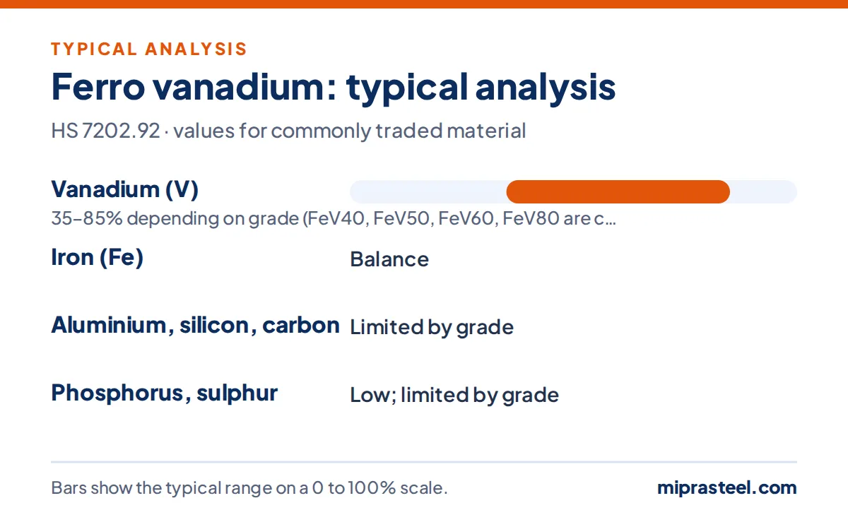 Ferro vanadium scrap typical analysis chart: Vanadium (V) 35–85% depending on grade (FeV40, FeV50, FeV60, FeV80 are common); Iron (Fe) Balance; Aluminium, silicon, carbon Limited by grade; Phosphorus, sulfur Low; limited by grade