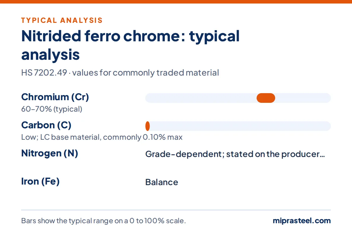 Nitrided ferro chrome scrap typical analysis chart: Chromium (Cr) 60–70% (typical); Carbon (C) Low; LC base material, commonly 0.10% max; Nitrogen (N) Grade-dependent; stated on the producer certificate; Iron (Fe) Balance
