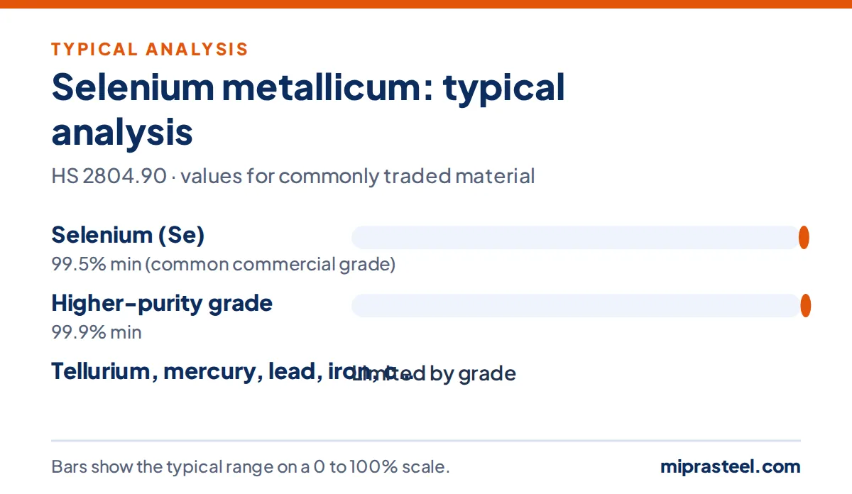 Selenium metallicum scrap typical analysis chart: Selenium (Se) 99.5% min (common commercial grade); Higher-purity grade 99.9% min; Tellurium, mercury, lead, iron, copper Limited by grade