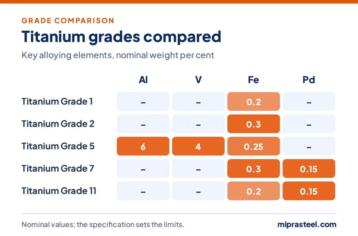 Heat map comparing Titanium Grade 1, Titanium Grade 2, Titanium Grade 5, Titanium Grade 7, Titanium Grade 11 by aluminium, vanadium, iron, palladium content
