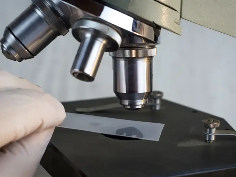 Metal sample under a laboratory microscope